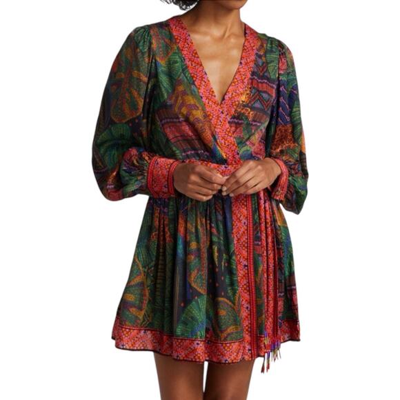 Farm Rio Forest Tapestry Floral Wrap Belted Mini Dress Green & Red Combo  Size XS